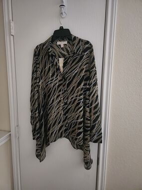 Michael Kors Black and Gold Chain-Print Button Blouse